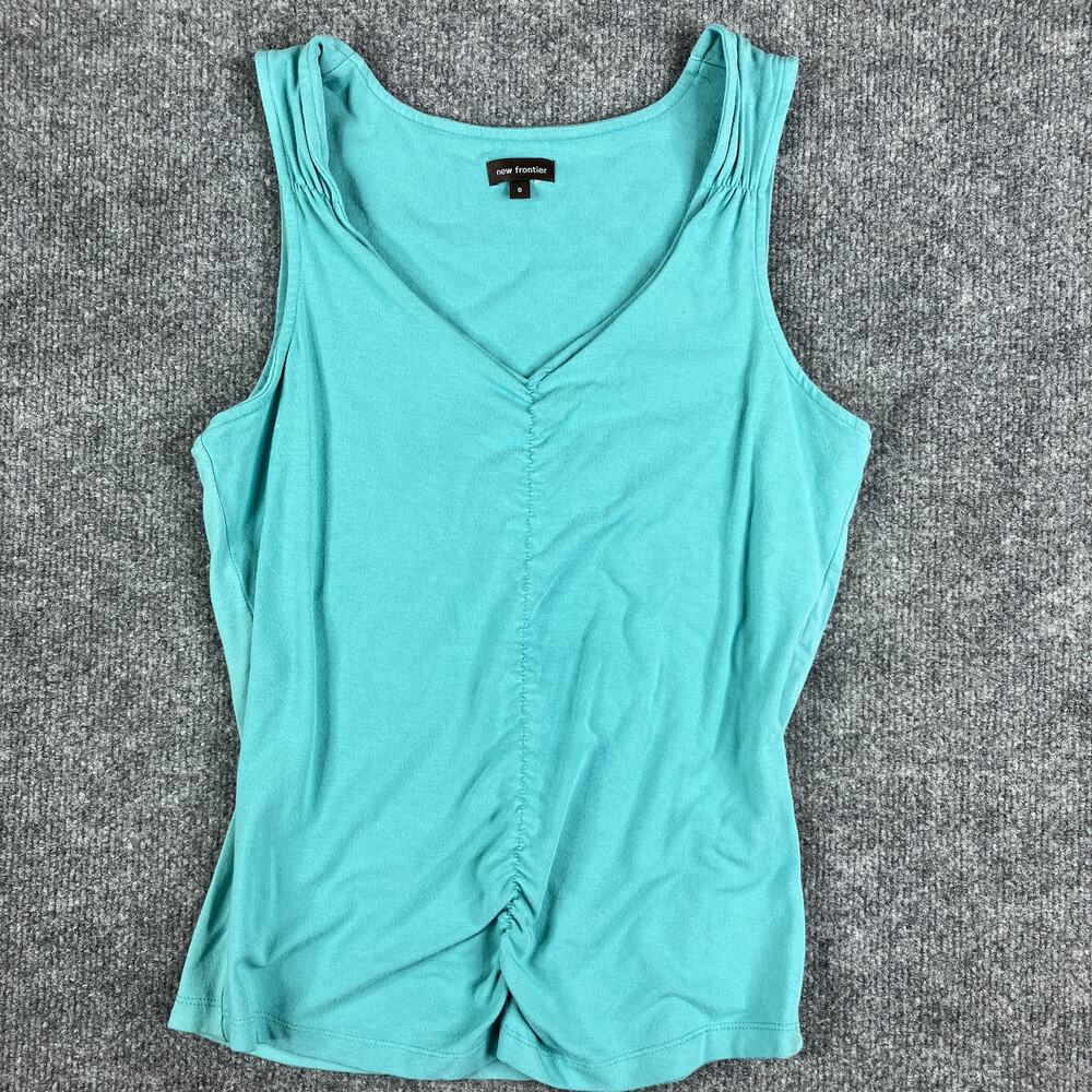 New Frontier Ruched Sleeveless Tank Top Womens Size S Green V-Neck‎ Stretch